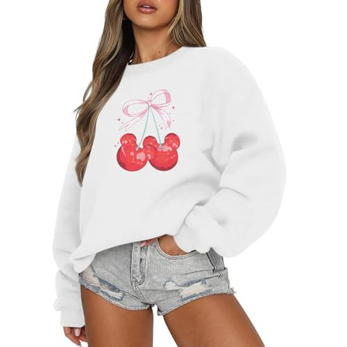 veufcyas Bow Cherry Sweatshirt Cute Graphic Crewneck Sweatshirts for Women Funny Long Sleeve Shirts Aesthetic Pullover(White,S) | Amazon (US)