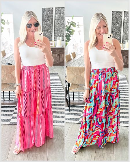 Colorful tiered maxi skirt boho skirt size small in the skirts and white bodysuit. Also linked my rhinestone sandals  


#LTKSeasonal #LTKOver40 #LTKStyleTip