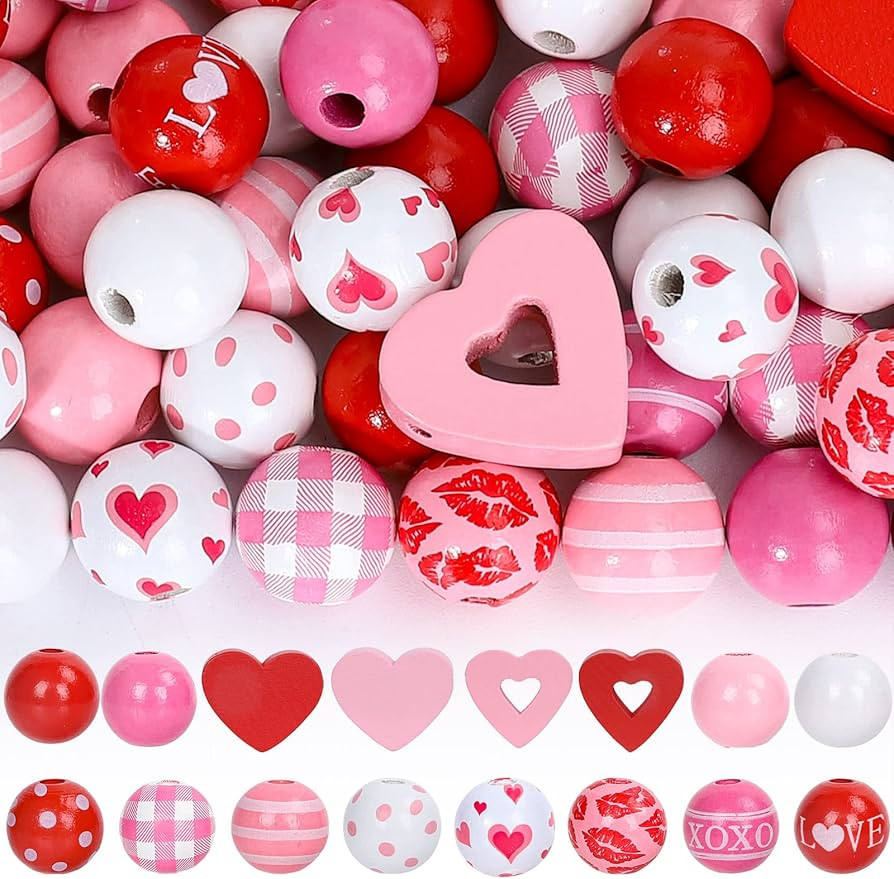 Whaline 220Pcs Valentine Wooden Beads Hearts Pink Red Farmhouse Beads Colorful Round Wooden Bead ... | Amazon (US)