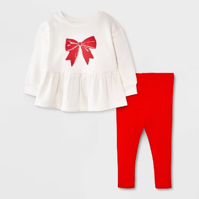 Baby Girls' 2pc Holiday Bow Fleece Sweatshirt and Gingham Leggings Set - Cat & Jack™ Cream 6-9M | Target