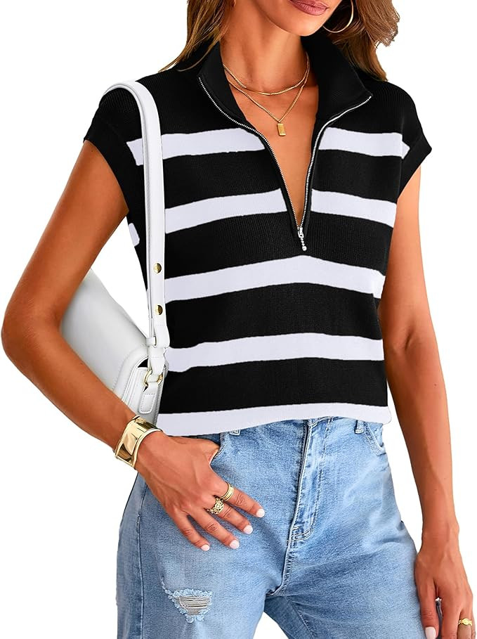 Pretty Garden Womens 2024 Summer Casual 1/2 Zip Cap Sleeve V Neck Striped Knit Tops | Amazon (US)