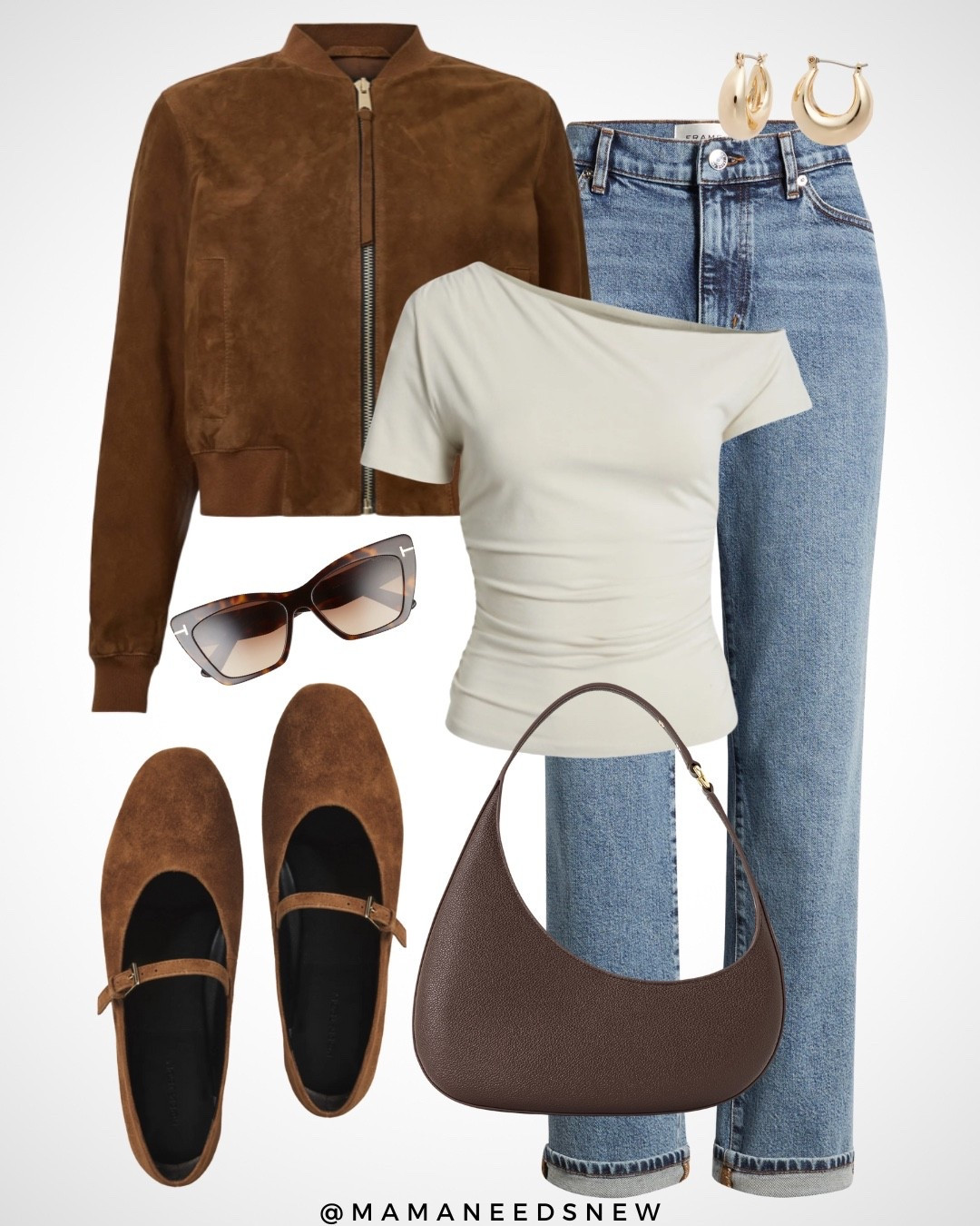 A fall transitional outfit with a suede jacket, jeans, off shoulder top, suede Mary Jane flats, shoulder bag 🤎

#LTKSaleAlert #LTKShoeCrush #LTKStyleTip