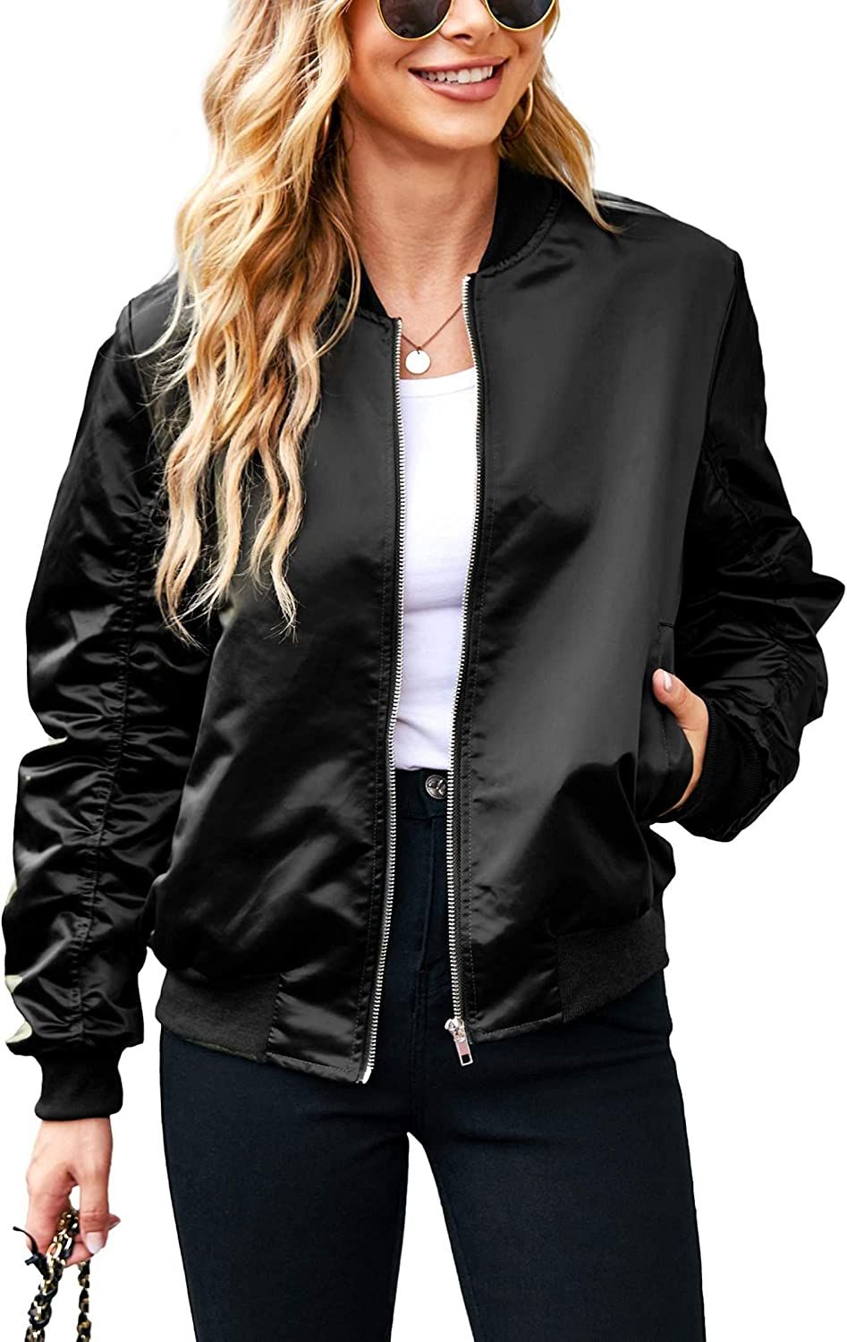 ACEVOG Women Fashion Satin Bomber Jacket Zip Up Casual Jacket Coat with Pocket Outfit | Amazon (US)