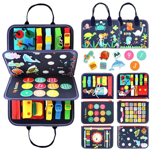 Qizfun Montessori Busy Board & Busy Book for Toddlers – Sensory & Learning Toy That Keeps Kids Busy, Travel Toy for Airplane & Car, Screen for Boys & Girls (Blue/P4) | Amazon (US)