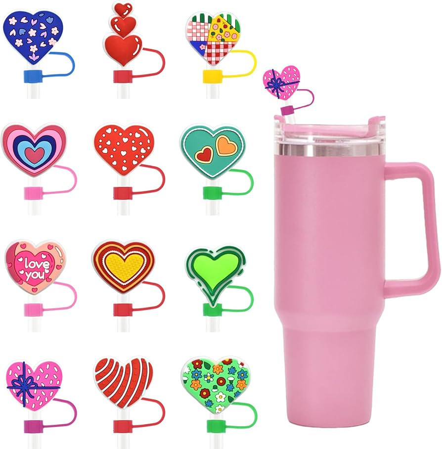 12Pcs Valentine's Day Straw Topper for Stanley Straw Cup Accessories Heart Designs Silicone Straw... | Amazon (US)