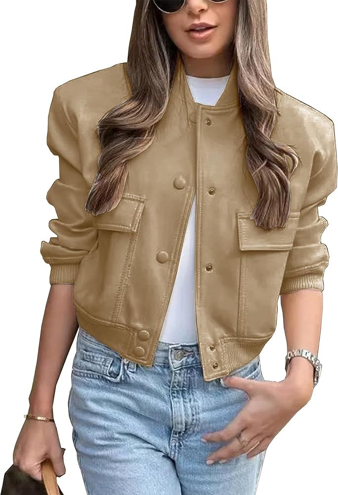 Lumister Women's Fashion Cropped Button Down Lightweight Cropped Bomber Jacket Varsity Shacket wi... | Amazon (CA)