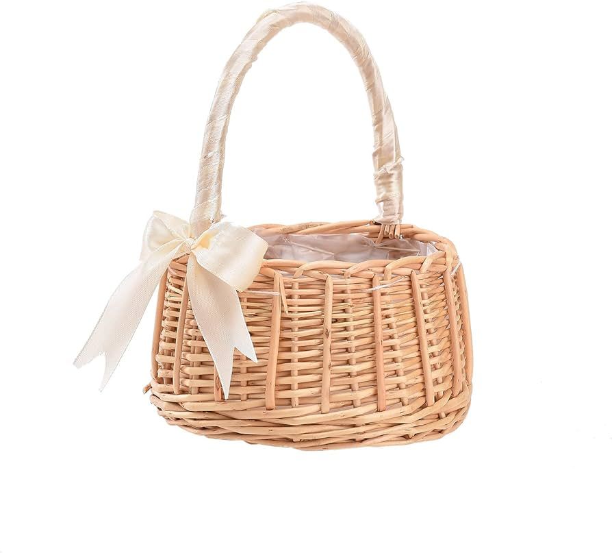 DUDNJC Wicker Rattan Flower Basket with Silk Bowknot Handles, White, S, 210209HT07-1-9383-1916028... | Amazon (US)