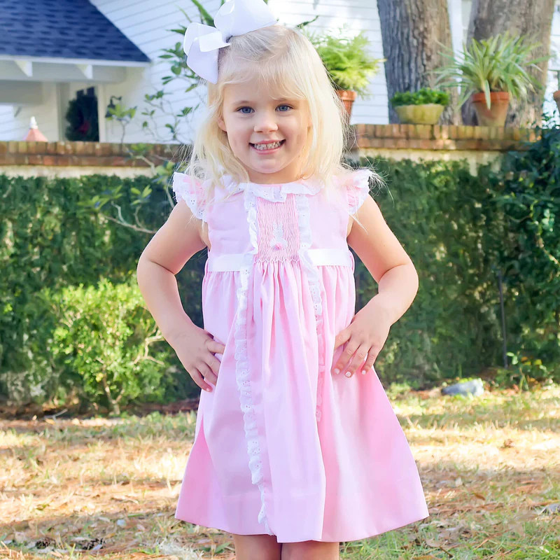 Bunny Bum Smocked Pink Pique Eyelet Dress | Classic Whimsy