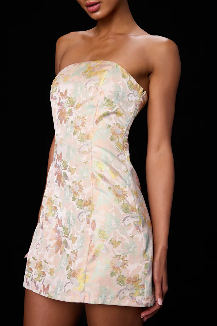 Lonna Blush Multi Floral Jacquard Lace-Up Mini Dress | Lulus wedding guest dress  | Lulus