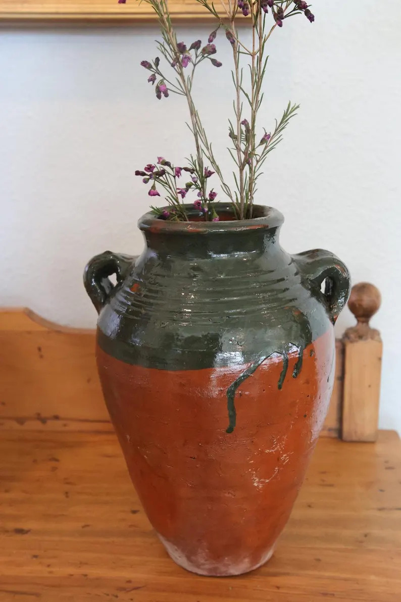 10.5\u201d Vtg Turkish Jar Forest Green Glazed Terracotta Double Handled Rustic Mediterranean Pot... | Etsy (Global)