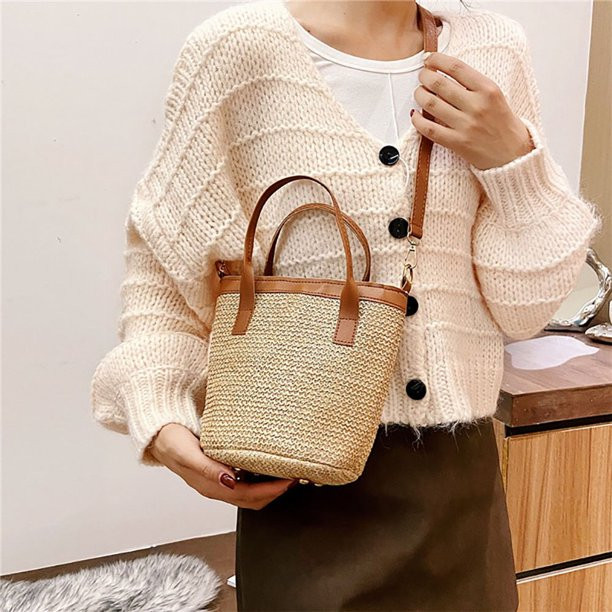 Women Fashion Bucket Straw Shoulder Bag Female PU Woven Totes Crossbody Handbags | Walmart (CA)