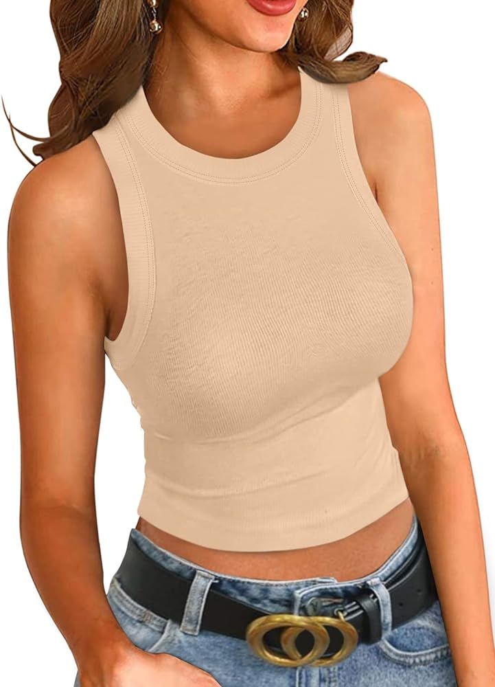 VICHYIE Crop Tank Tops for Women Summer Ribbed Blouses Cami Shirts | Amazon (US)