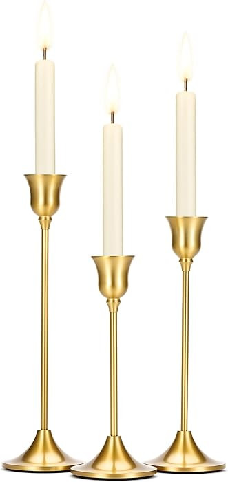 Tifanso Taper Candle Stick Holder - 3PCS Brass Gold Pillar Tall Candlestick Holders Metal Vintage... | Amazon (US)