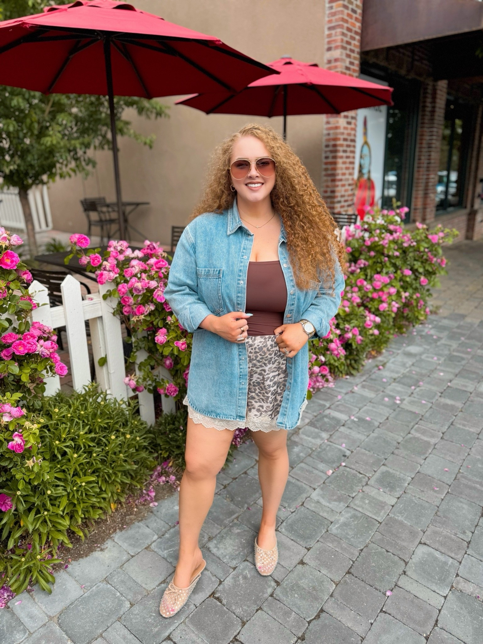 This is that easy, throw on and go summer date night look that still feels put together ✨ A relaxed oversized denim button down layered over a brown tank keeps it effortless, while leopard silk shorts with lace trim add a flirty touch. Finished with rhinestone mules for just the right amount of sparkle 🤍oversized denim button down | brown tank top | leopard silk shorts | lace trim shorts | rhinestone mules | summer date night outfit | effortless outfit idea | chic casual style | neutral outfit inspo | night out look | elevated basics | warm weather outfit | boho summer style | western chic outfit | vacation outfit idea | brunch to dinner outfit | lightweight layers | trendy summer outfit

#LTKootd #LTKOver40 #LTKSaleAlert