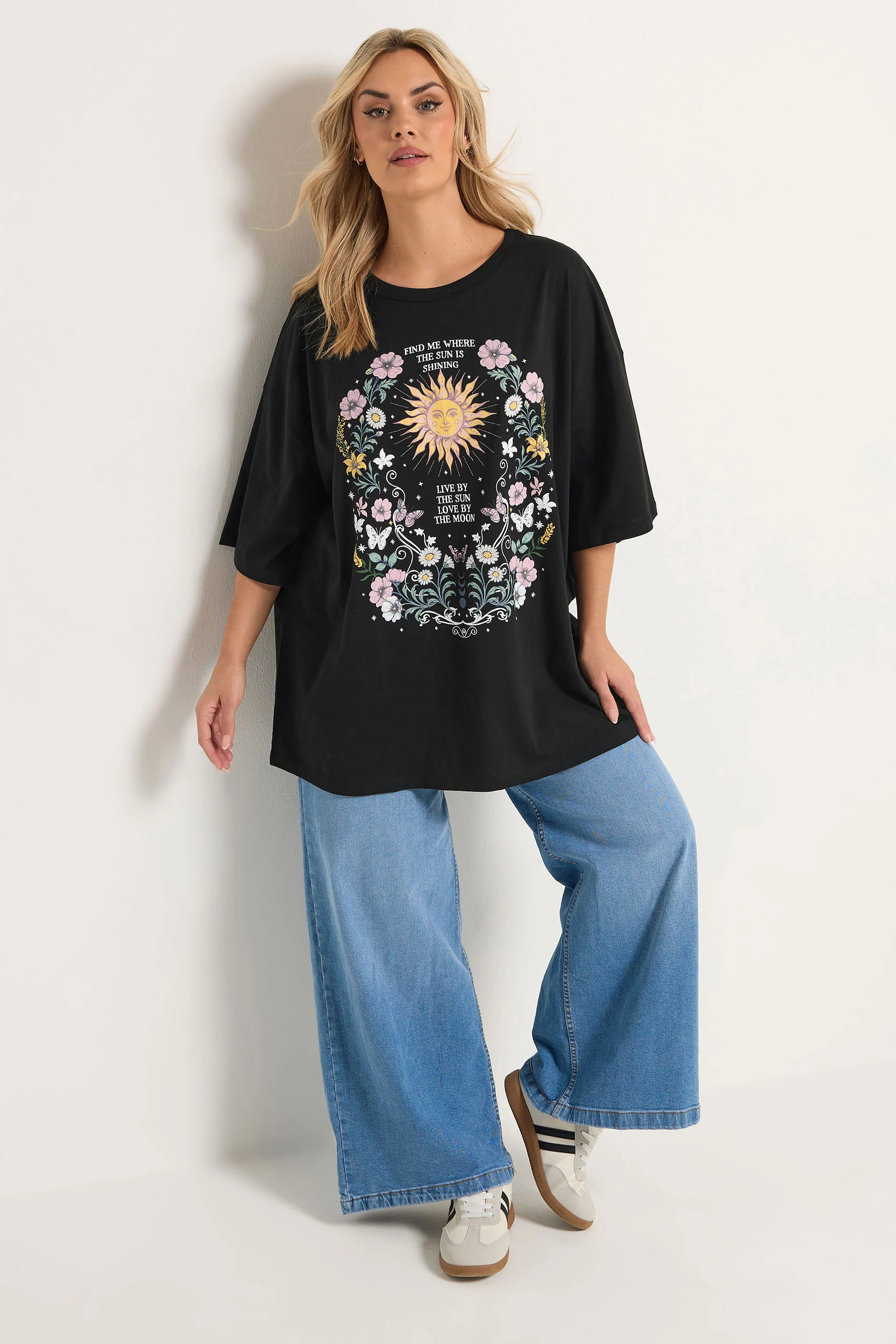 YOURS Plus Size Black Floral & Sun Graphic Boxy T-Shirt | Yours Clothing UK
