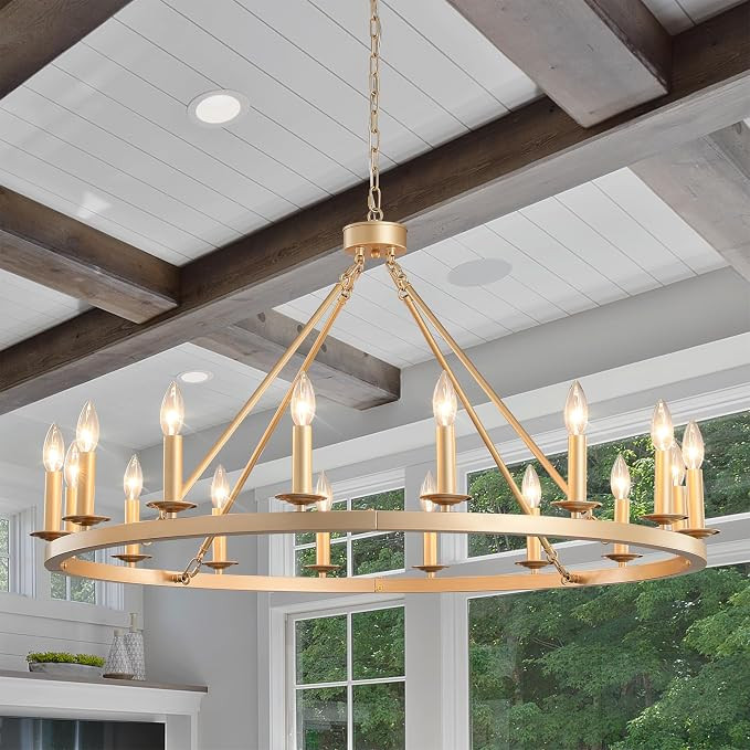 Gold Wagon Wheel Chandelier 40-Inch 16-Light,Extra Large Circle Rustic Farmhouse Light Fixture,Ro... | Amazon (US)