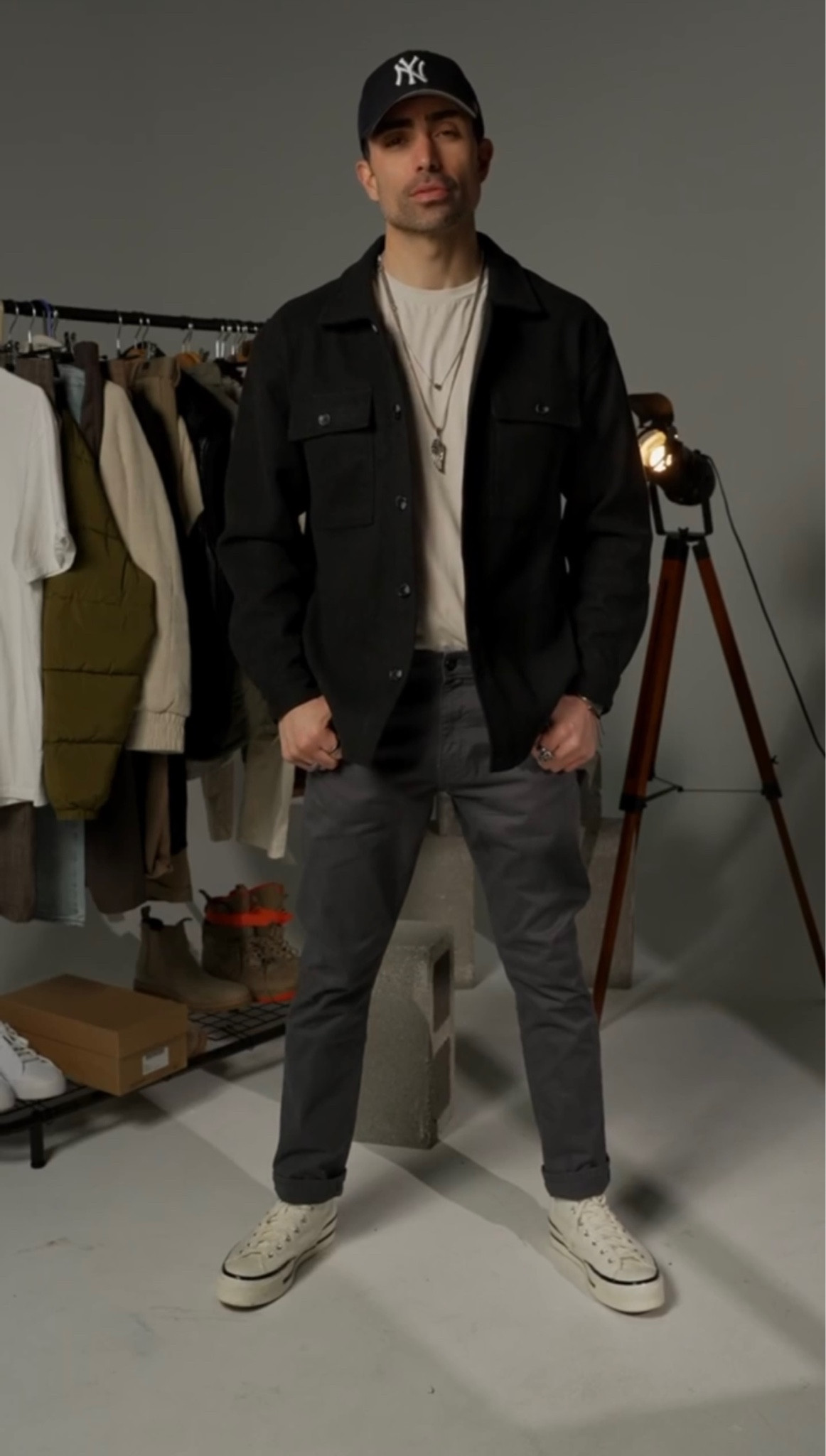 Men’s street style 
Charcoal grey shacket 
Grey trousers
Long fit cream t shirt 
Cream Chuck 70 Plus
NY Yankees Hat

#LTKmens #LTKfit #LTKstyletip