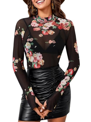 Womens Long Sleeve Floral Mesh Top Mockneck Slim Fit Going Out Tops for Women | Amazon (US)