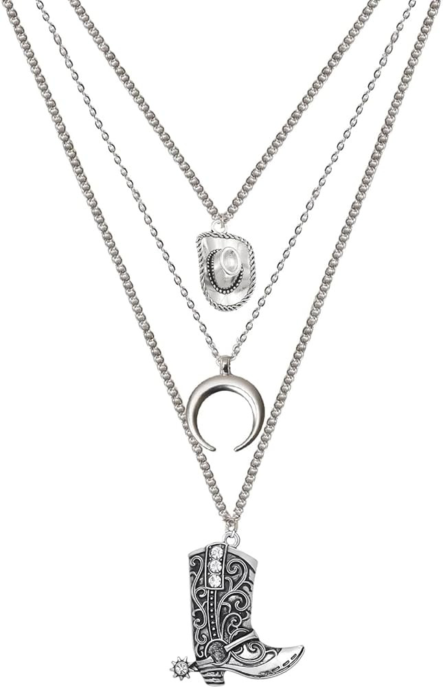 RechicGu Layered Boho Western Cowgirl Necklace For Women Bull Head Moon Crescent Cowboy Boot Char... | Amazon (US)