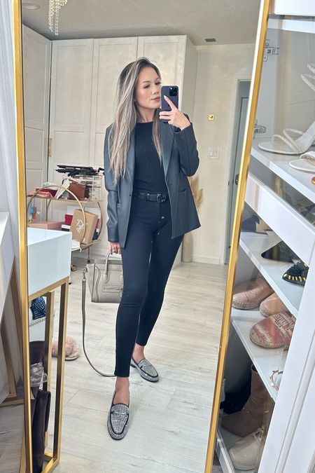 All black with sparkly loafers shoes for today. Leather blazer jacket, skinny black pants, and rhinestone loafers (on sale right now) 

#LTKunder100 #LTKsalealert #LTKstyletip