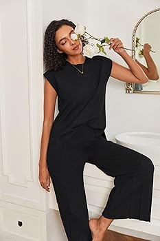 Ekouaer Lounge Sets for Women Two Piece Outfits Knit Cap Sleeve Tops Wide Leg Pleated Pants Casua... | Amazon (US)