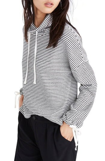 Women's Madewell Stripe Funnel Neck Tie Sleeve Sweatshirt, Size X-Small - White | Nordstrom