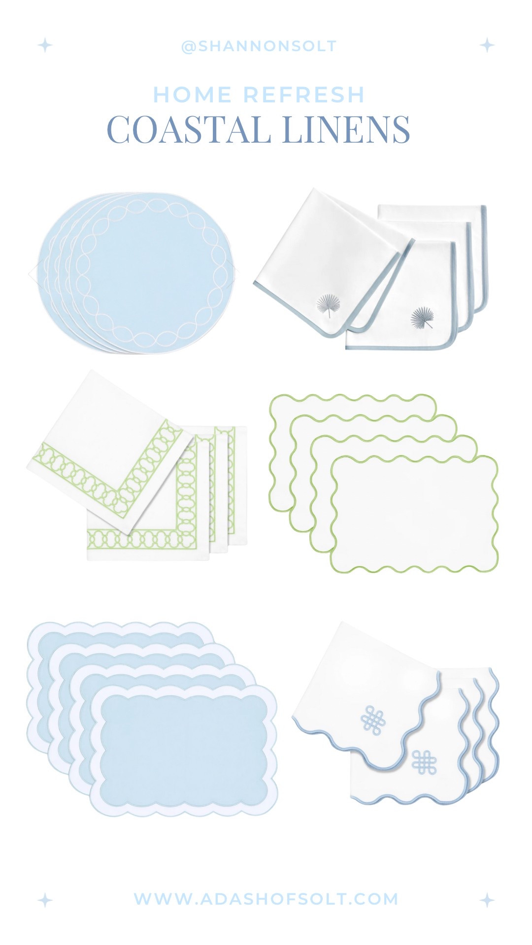 Coastal linens for entertaining this spring, Easter, Mother’s Day and summer! 

Coastal linens, coastal textiles, placemats, napkins, table runners, coastal style, coastal decor, coastal interiors, entertaining, hostess, Easter, Mother’s Day, spring decor, coastal decor, scallops, scalloped placemat, dining, dining room table 
