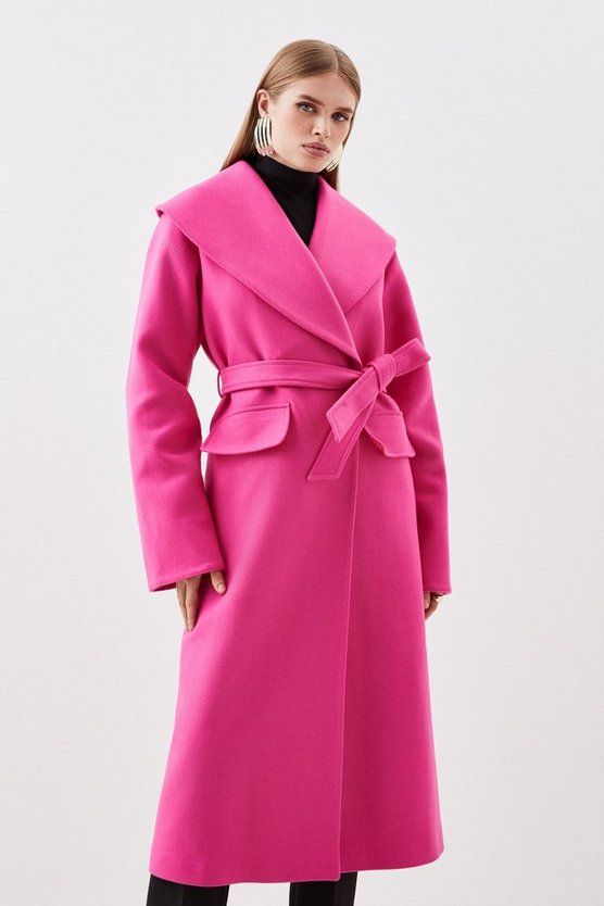 Italian Wool Oversize Collar Belted Coat | Karen Millen US