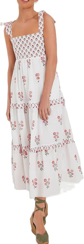 Women Summer Boho Tie Shoulder Dress Y2k Floral Smocked Flowy Long Dress Ruffle Tiered Beach Voca... | Amazon (US)