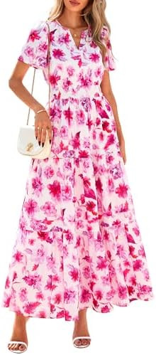 PRETTYGARDEN Women's Summer Boho Maxi Dresses Floral Short Sleeve V Neck A Line Tiered Ruffle Flo... | Amazon (CA)