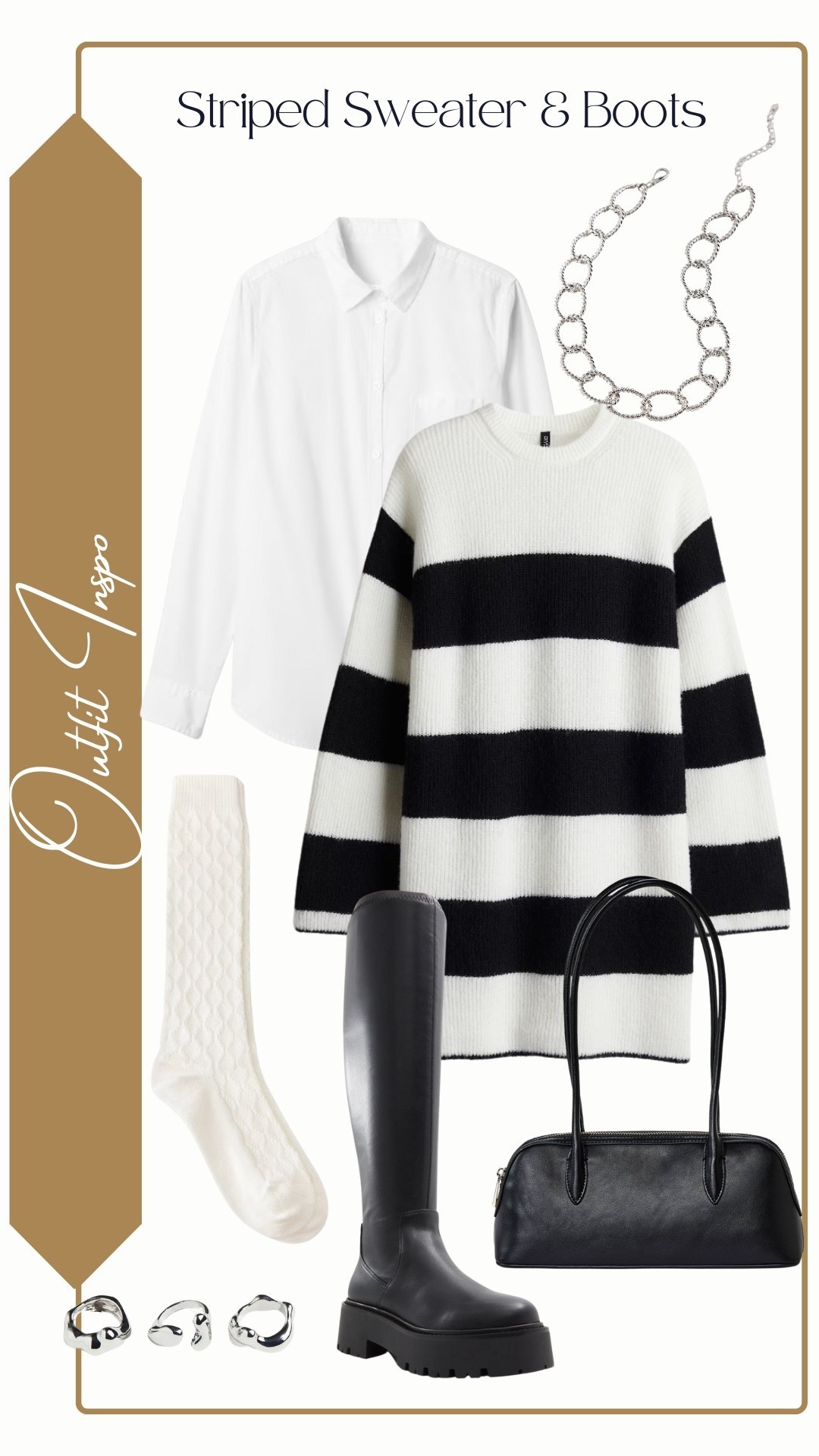 Outfit Inspo
Black & Cream Striped Sweater

Striped Rib-Knit Dress: H&M
White Classic Shirt: GAP Factory
Black Knee High Platform Boot: Aldo (Carelden Boot)
Black Satchel Bag: Target
Ivory Knee High Socks: Target
Silver Chunky Link Necklace: Anthropologie
Silver 3 Pack Rings: H&M

#LTKootd #LTKWorkwear #LTKSeasonal