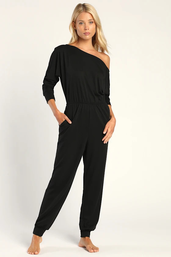 Weekend Worthy Black Off-the-Shoulder Lounge Jumpsuit | Lulus (US)