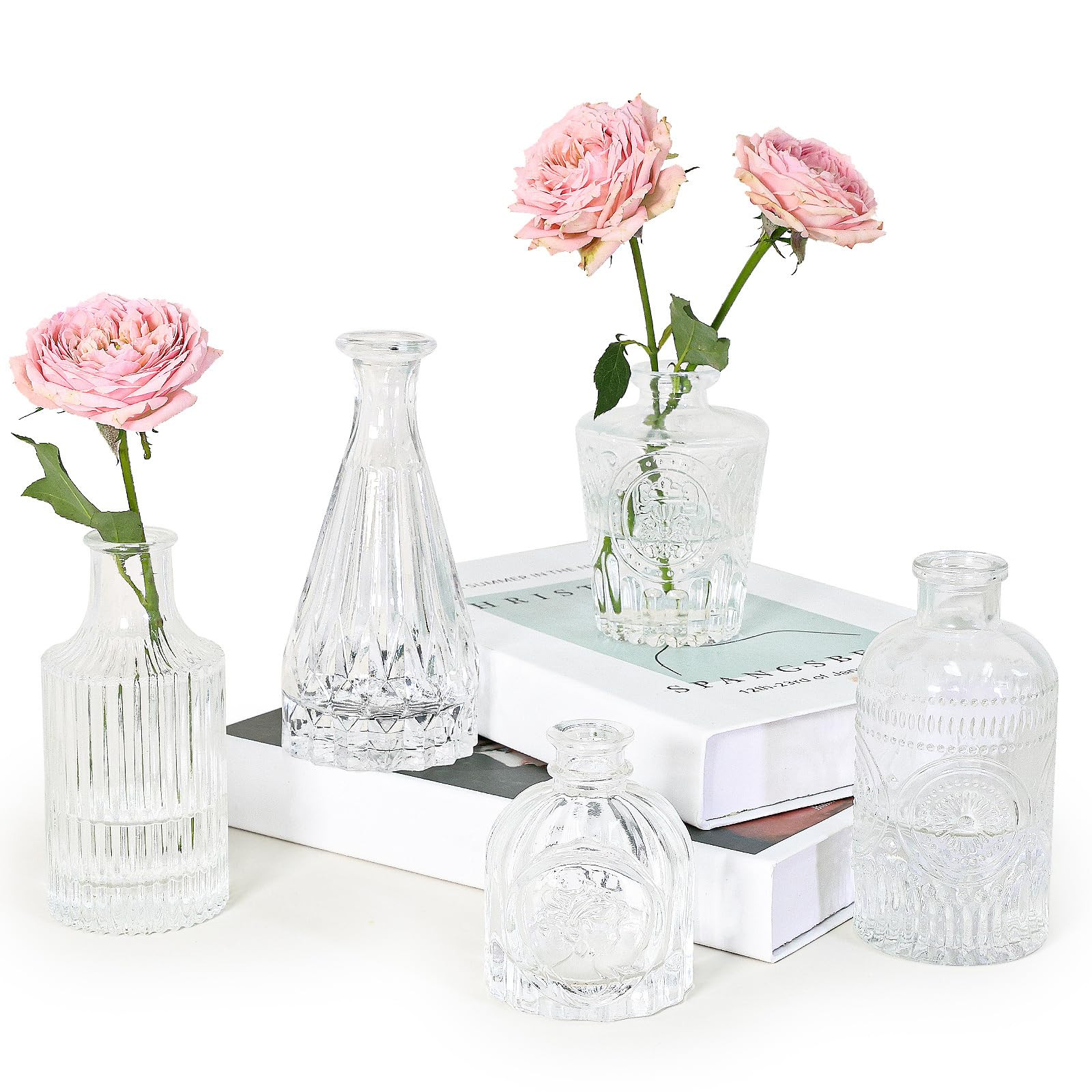 Glass Bud Vase Set of 5, Clear Small Flower Vases for Centerpieces in Bulk, Mini Vintage Vase for... | Amazon (US)