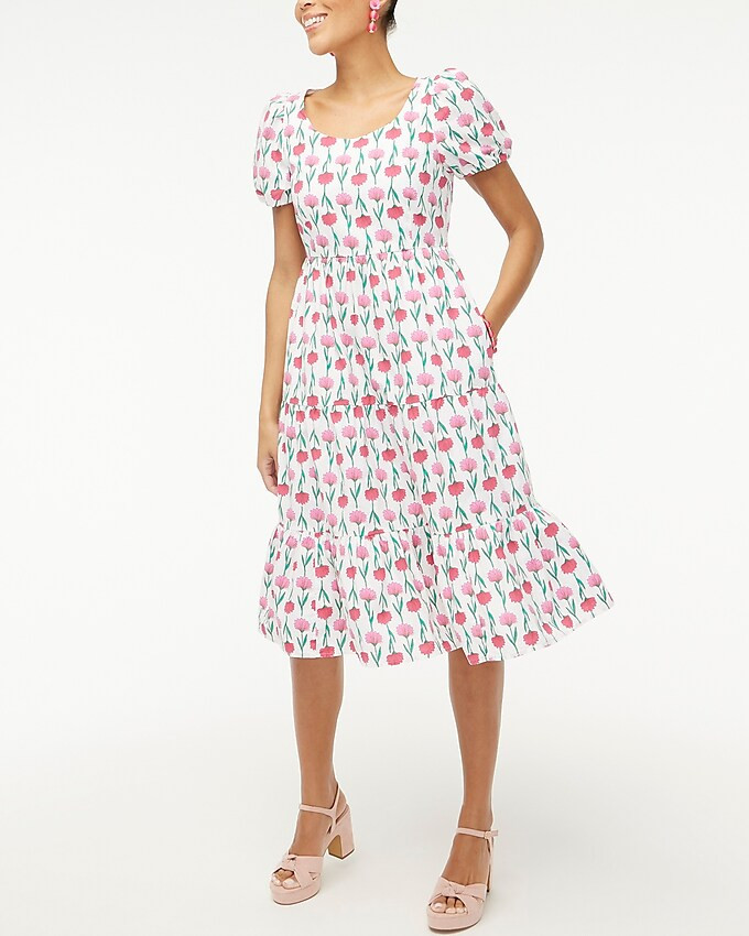 Tiered poplin puff-sleeve midi dress | J.Crew Factory