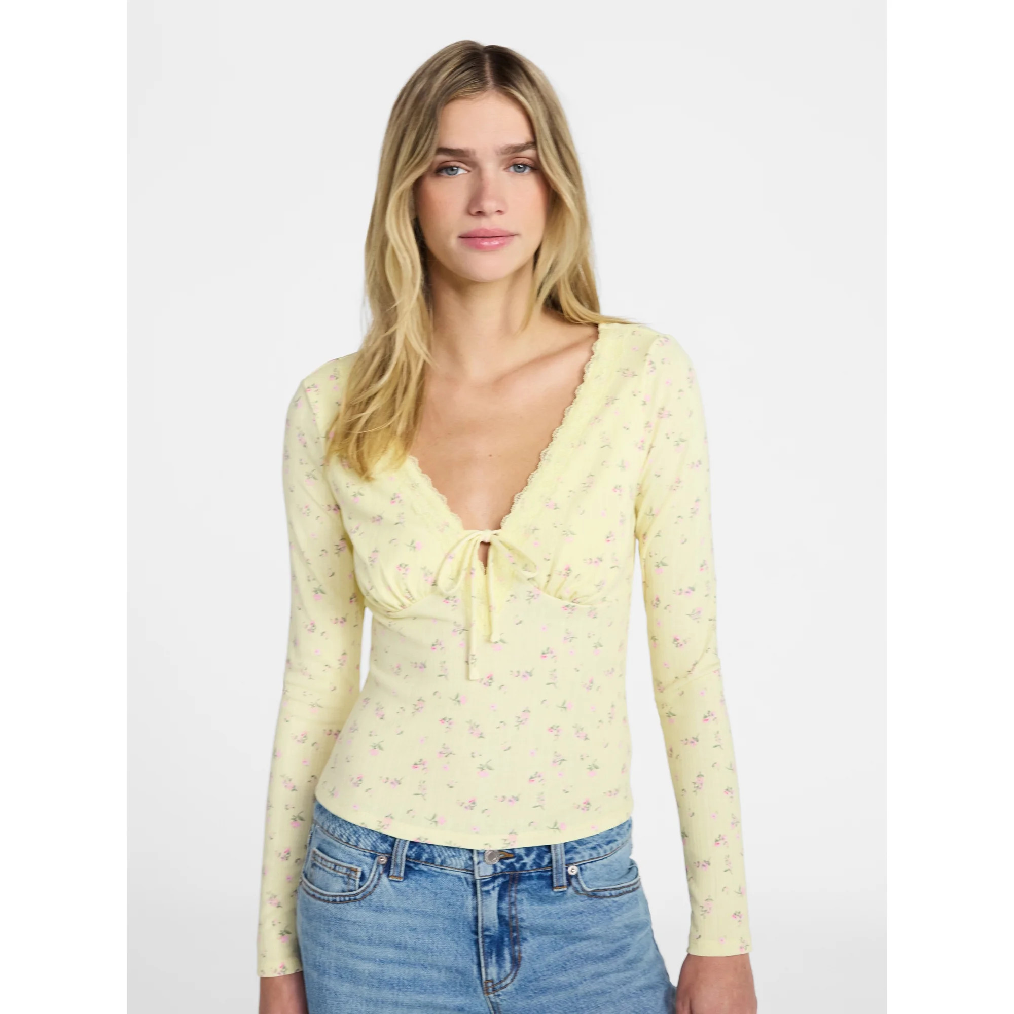 No Boundaries Tie Front Lace Trim Top with Long Sleeves, Women’s XXS-XXL | Walmart (US)