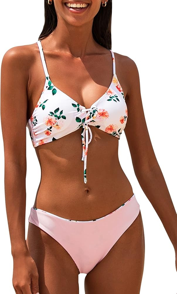 CUPSHE Women's Reversible Lace Up Bikini Sets Floral and Striped | Amazon (US)