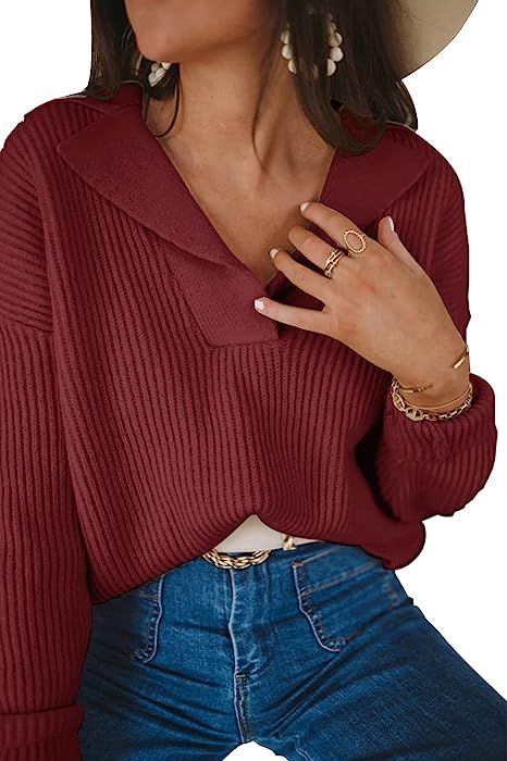 BTFBM Women Long Sleeve V Neck Fashion Sweater Solid Color Ribbed Knit Foldover Collar Pullover Cute | Amazon (US)
