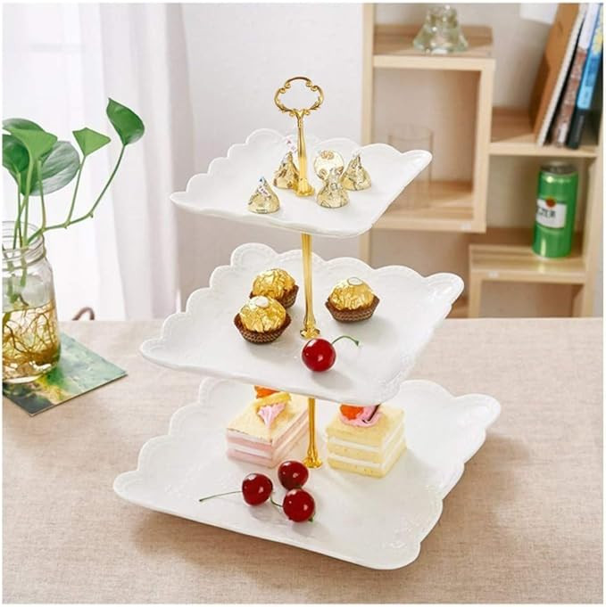 Sumerflos 3 Tier Porcelain Cupcake Stand, Tiered Serving Cake Stand, Square White Embossed Desser... | Amazon (US)