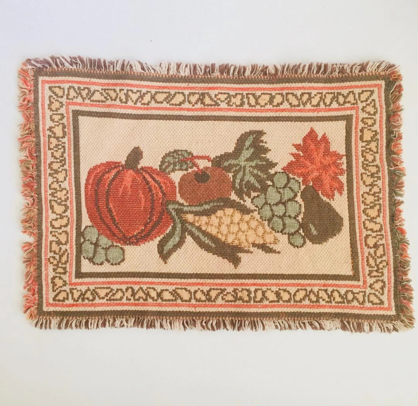 Vintage Autumn Harvest Fall Rectangular Fringed Tapestry Table Mat - Pumpkin, Corn, Grapes, Leave... | Etsy (US)