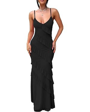 HOCILLE Women's Sexy V Neck Backless Bodycon Spaghetti Strap Elegant Ruffle Maxi Cocktail Party D... | Amazon (US)