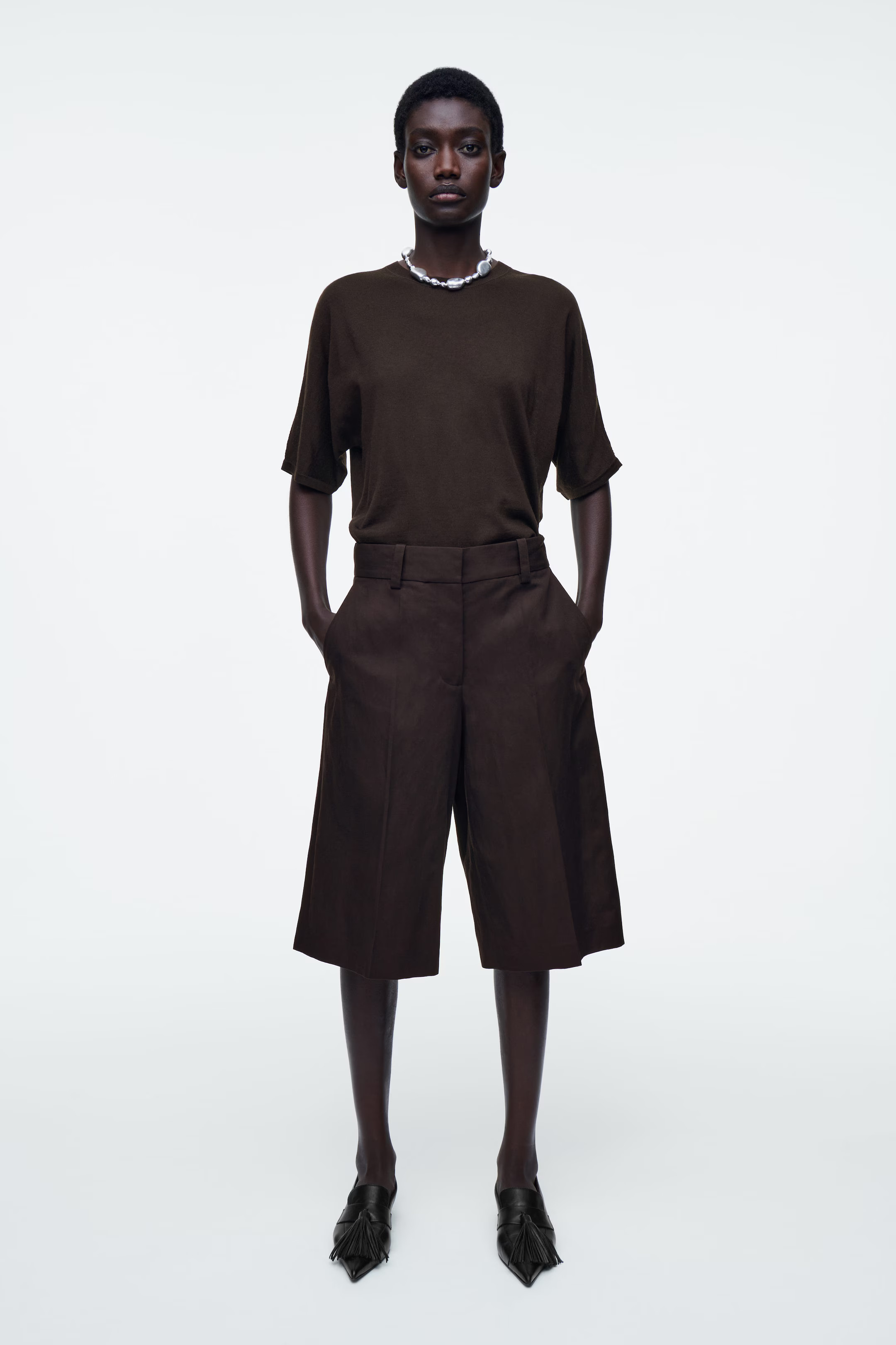 TAILORED LINEN-BLEND LONGLINE SHORTS - DARK BROWN | COS (EU)