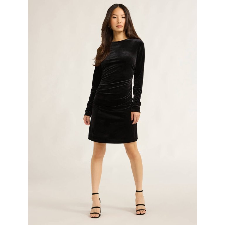 Scoop Women's & Women's Plus Ruched Velvet Mini Dress with Long Sleeves, Sizes XS-4X | Walmart (US)