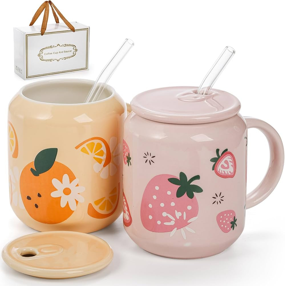 2 Pack Cute Ceramic Mugs with Lid and Straw, 13 Oz Fruits Pattern Coffee Cup with Handle, Handmad... | Amazon (US)
