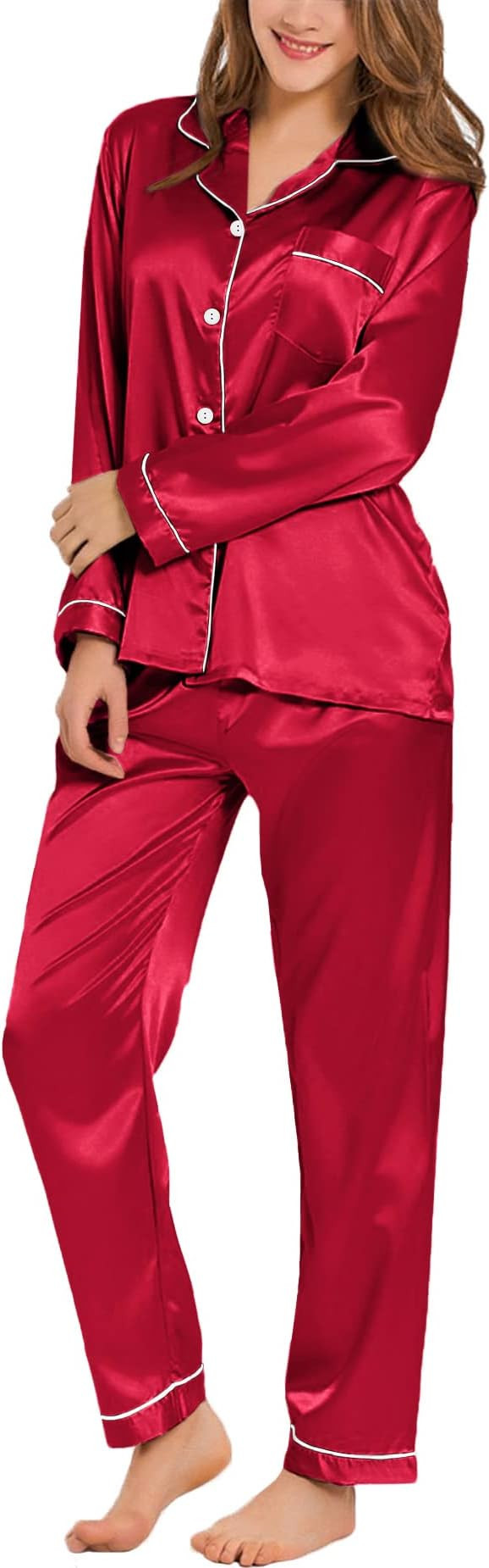 SWOMOG Womens Silk Satin Pajamas Loungewear Two-piece Sleepwear Button-Down Pj Set | Amazon (US)