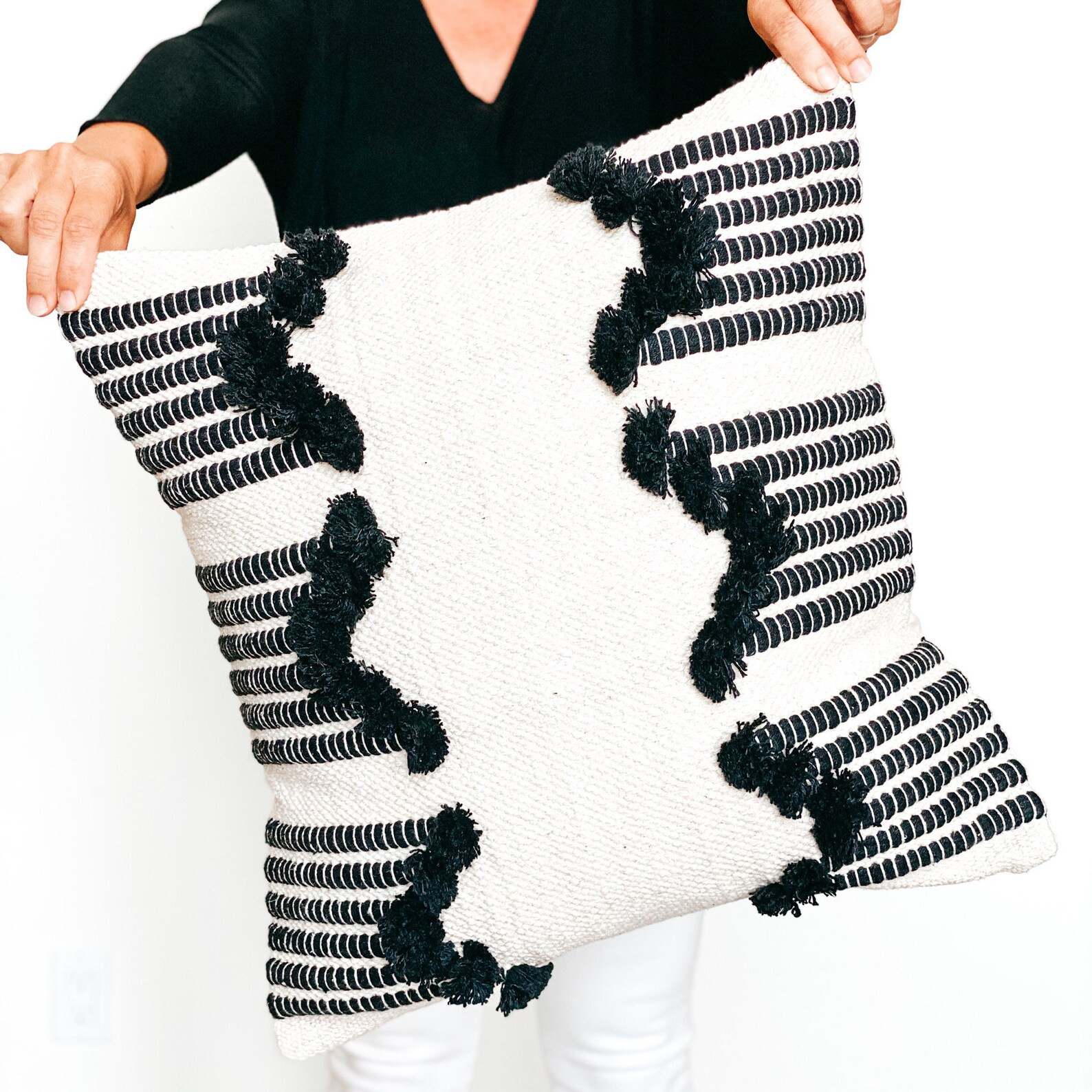 Black and Natural Tan Off White  Fringe Boho Pillow Cover | Etsy | Etsy (US)