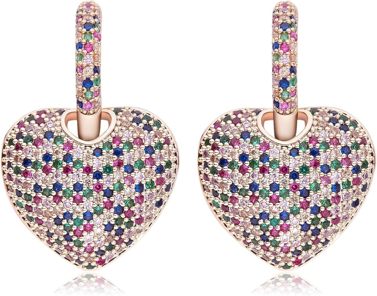 S925 Sterling Silver Heart Dangle Drop Hoop Earrings for Women Girls Multicolored Crystal Cubic Z... | Amazon (US)