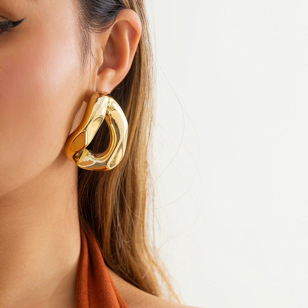 Geometric Gold Silver Tone Chunky Hoop Earrings | Etsy (US)