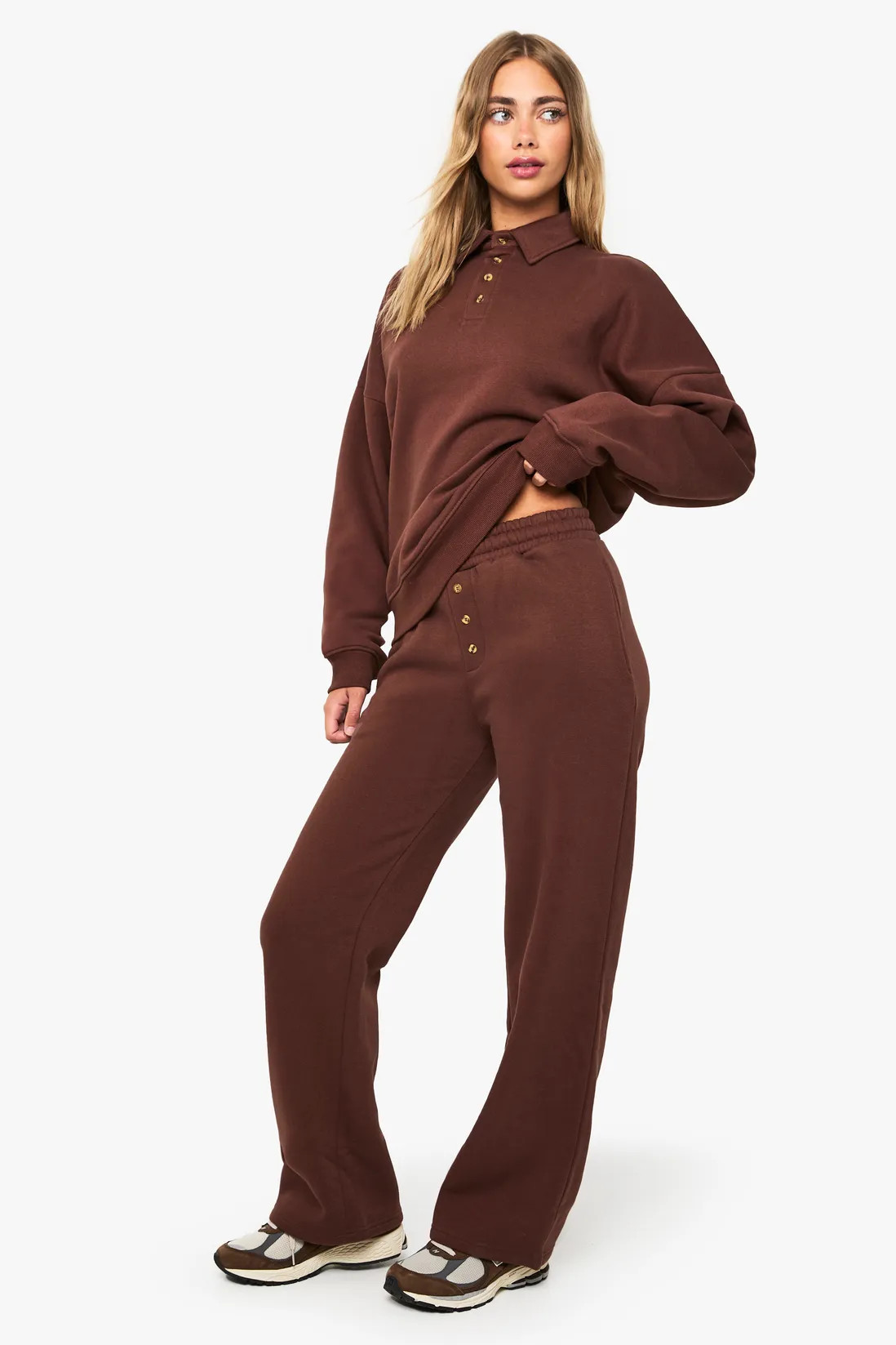 Button Detail Collared Sweatshirt & Straight Leg Jogger Tracksuit | Boohoo.com (UK & IE)