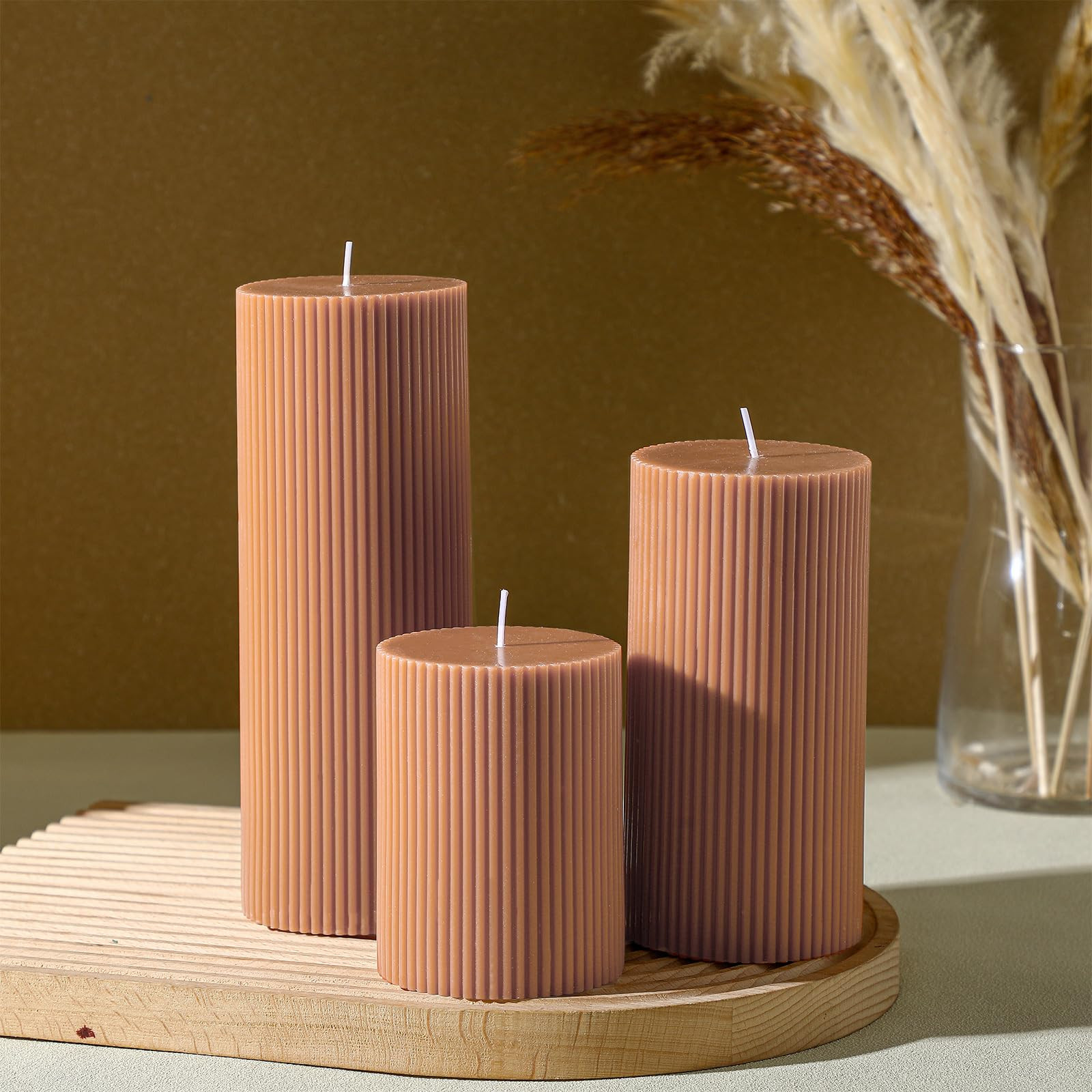 Ribbed Pillar Candles Set of 3, Width 3" High 4" 6" 8" Large Soy Wax Scented Pillar Candles Aesth... | Amazon (US)