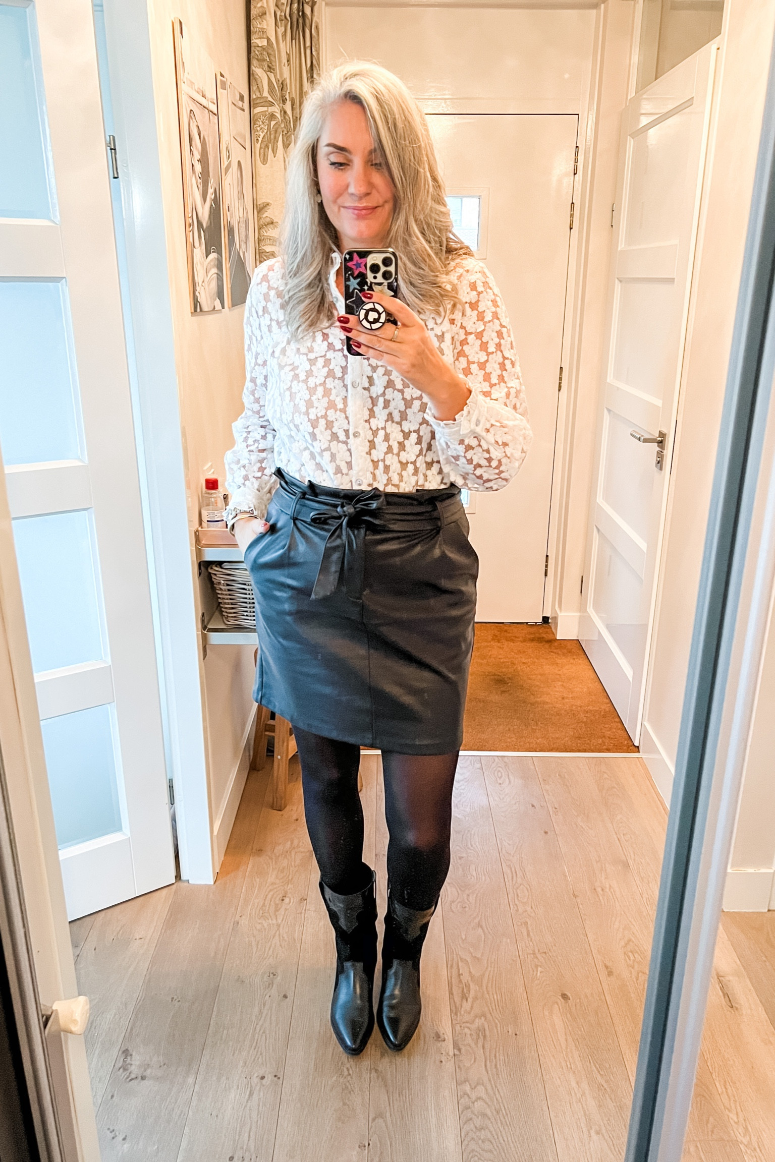 Ootd - Vero Moda lace blouse paired with paperbag waist leather skirt, black tights and western boots. 

I am wearing the skirt in regular length but it is also available in tall which I will link. 



#LTKover40 #LTKeurope #LTKstyletip